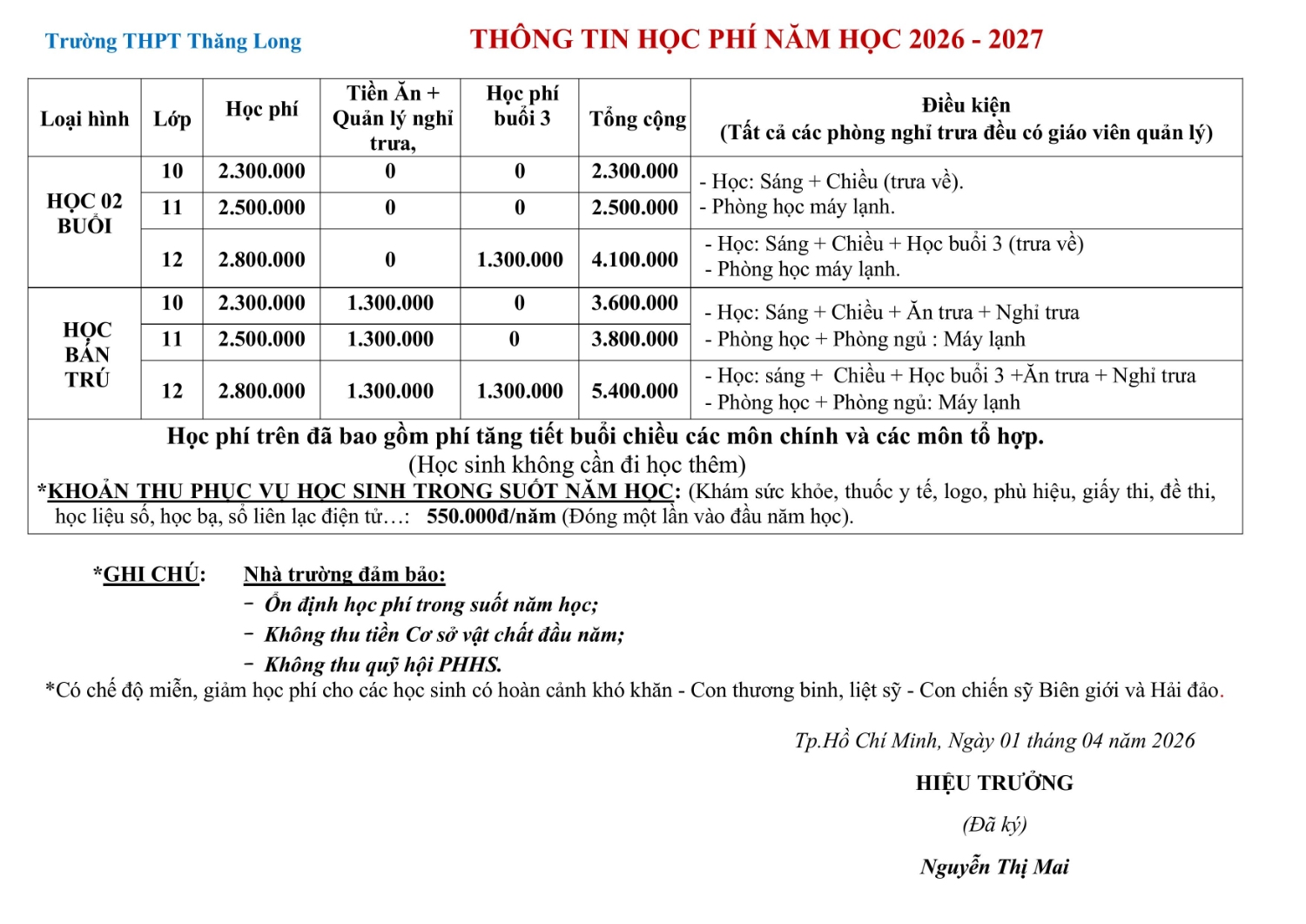 HỌC PHÍ 2026 2027