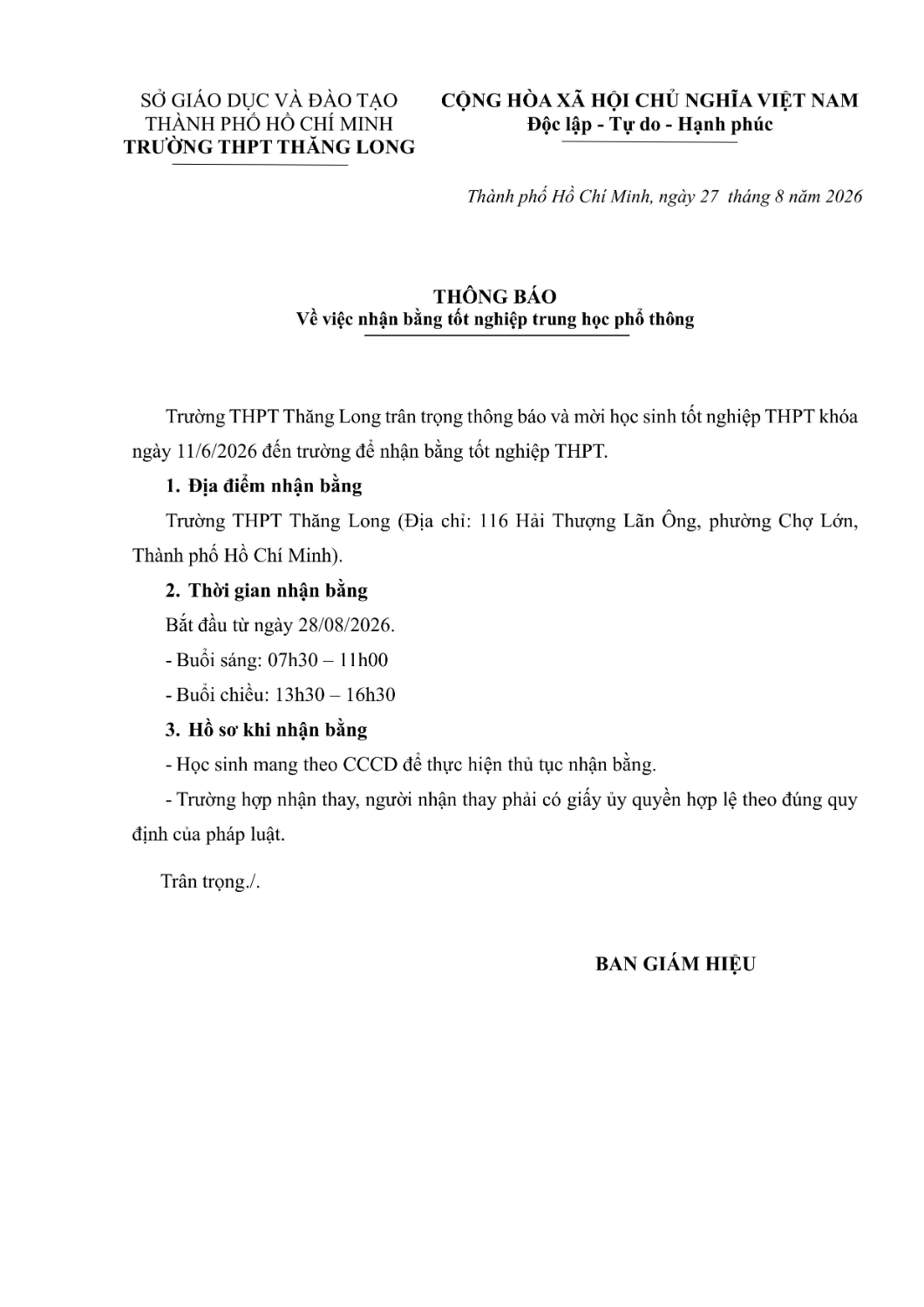 THÔNG BÁO NHẬN BẰNG TỐT NGHIỆP THPT